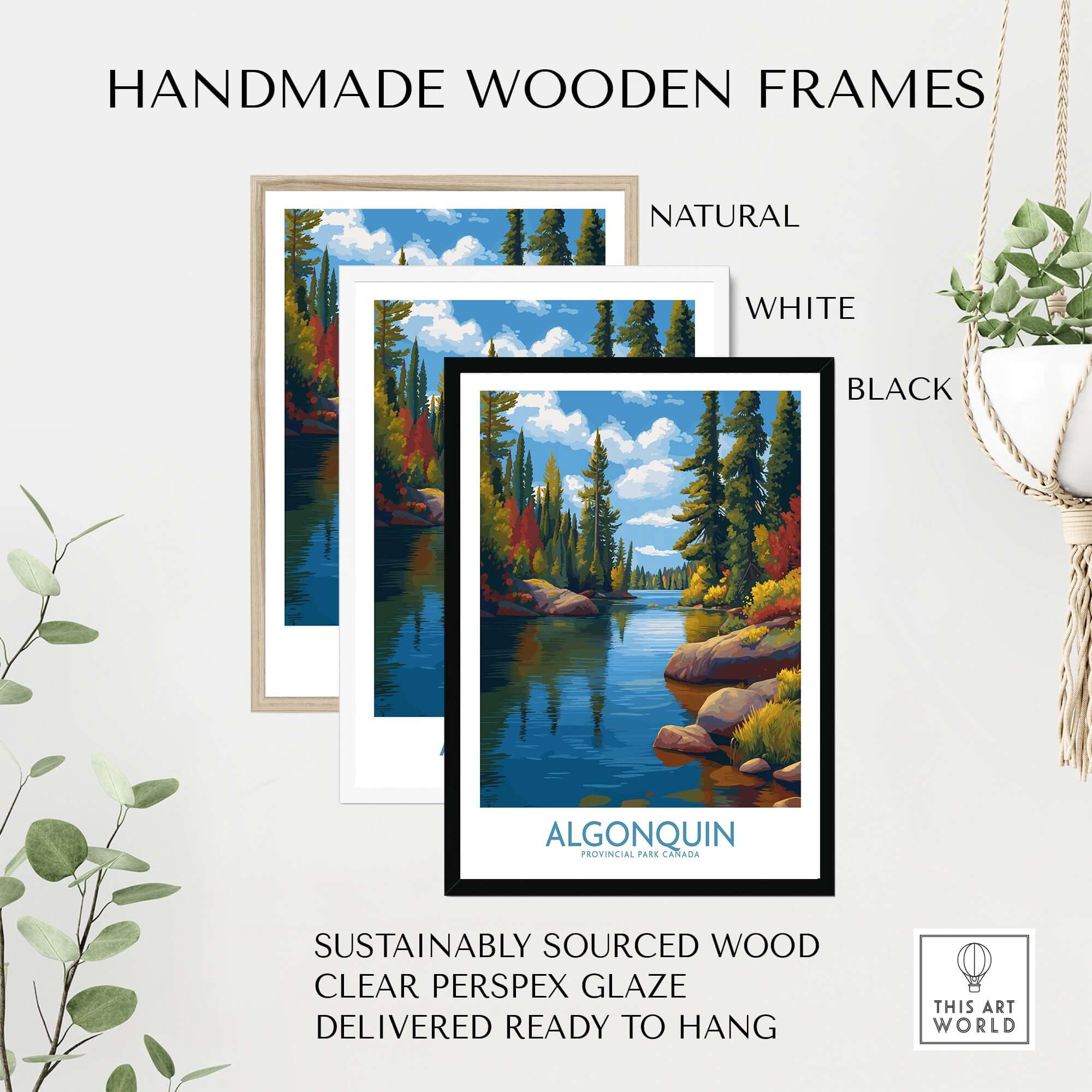 Handmade wooden frames for Algonquin Autumn Forest Art Print | Canada Fall Wilderness Poster, available in natural, white, and black.