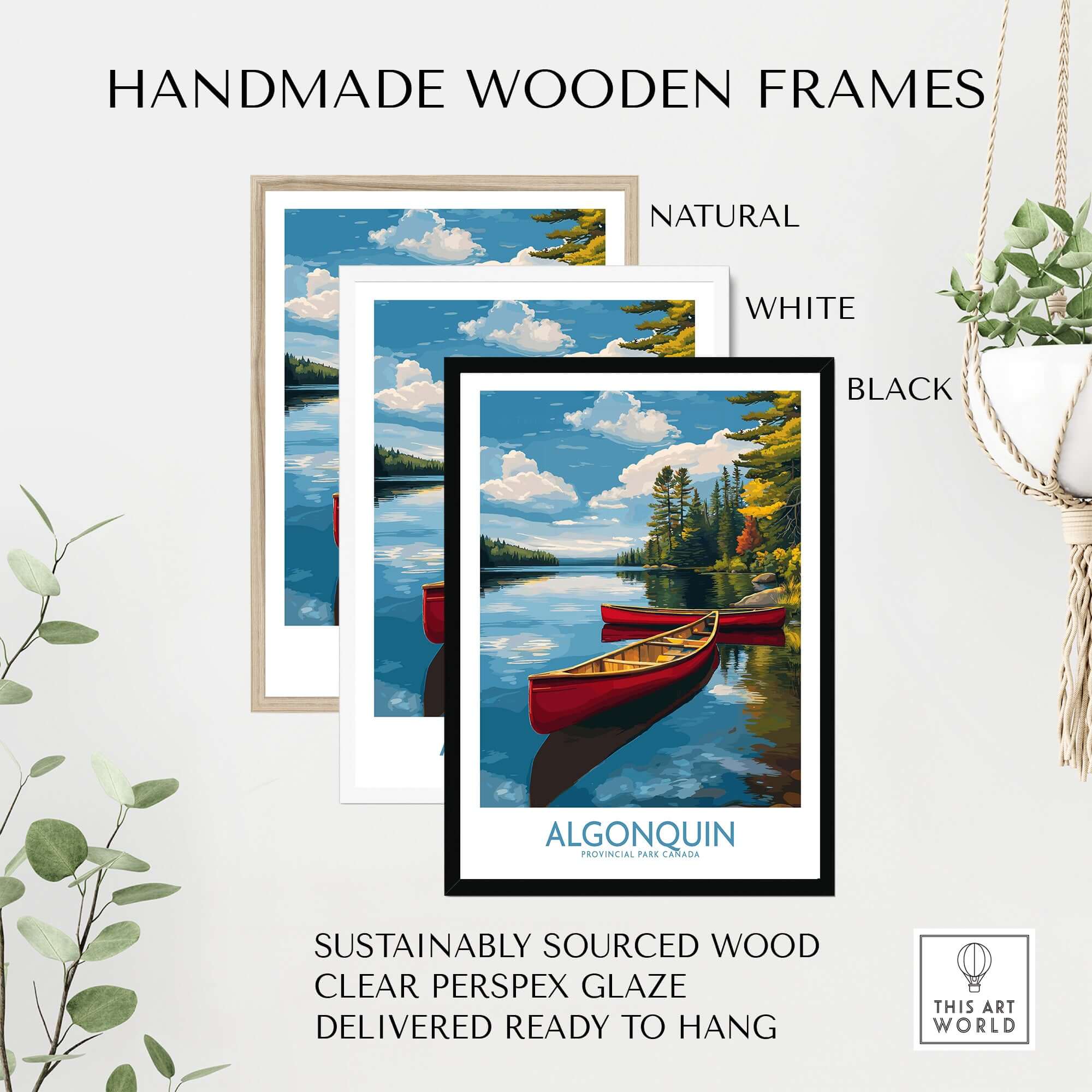 Algonquin Provincial Park Red Canoes Print | Canada Forest Lake Poster in handmade wooden frames.