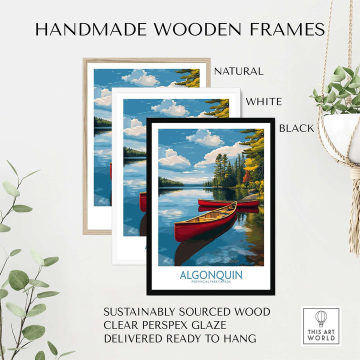 Algonquin Provincial Park Red Canoes Print | Canada Forest Lake Poster displayed in handmade wooden frames.