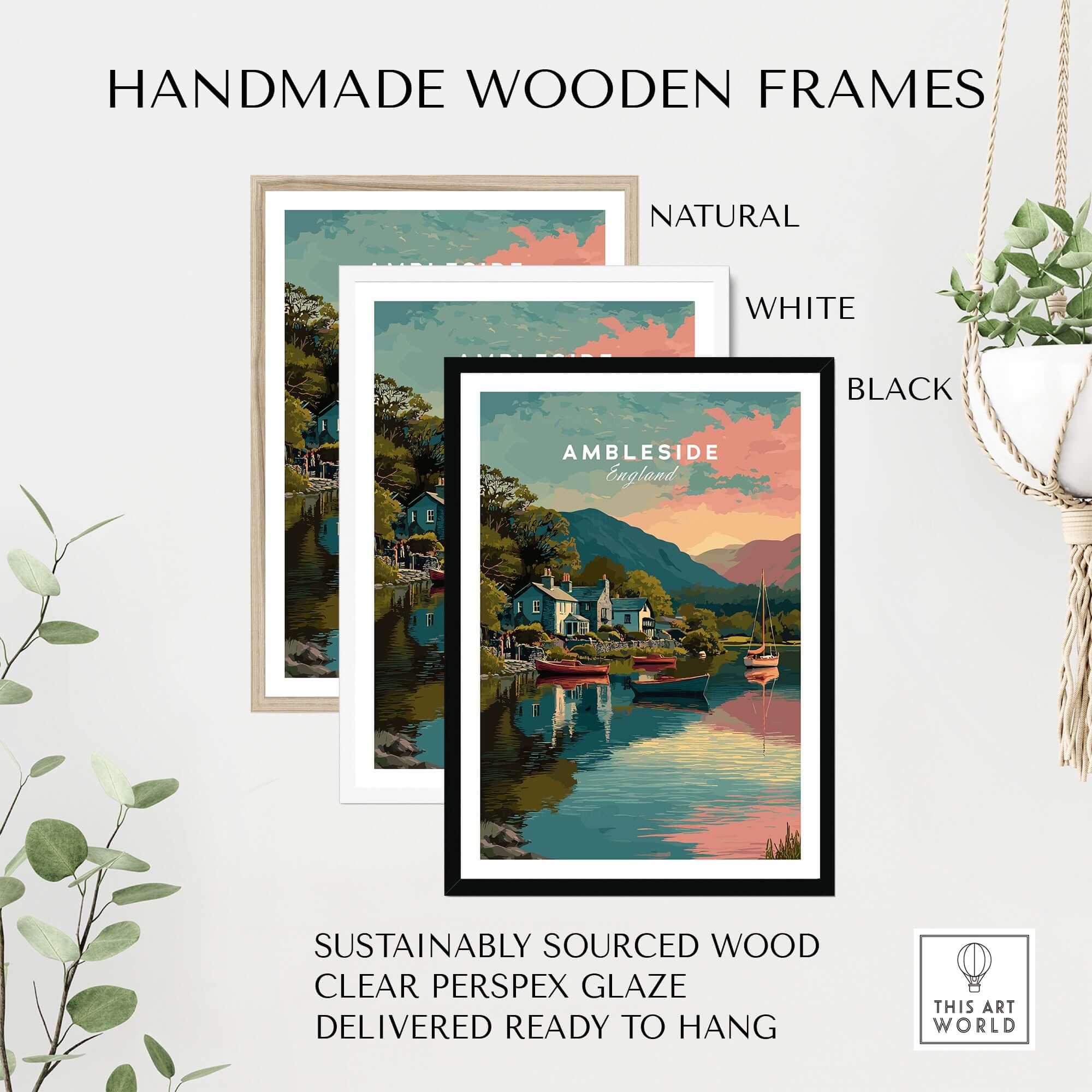 Handmade wooden frames in natural, white, and black for Ambleside Sunset Lake District View Print | Romantic English Home Decor.