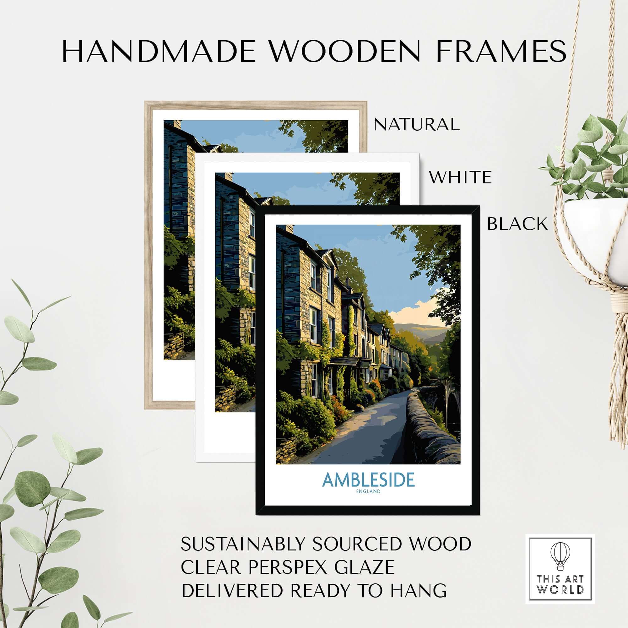Ambleside England Lake District Cottages Art Print | Historic Village Poster with handmade wooden frames in natural, white, and black.