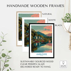 Ambleside Lake Windermere Boats Art Print | England Poster displayed in handmade wooden frames, featuring natural, white, and black colors.