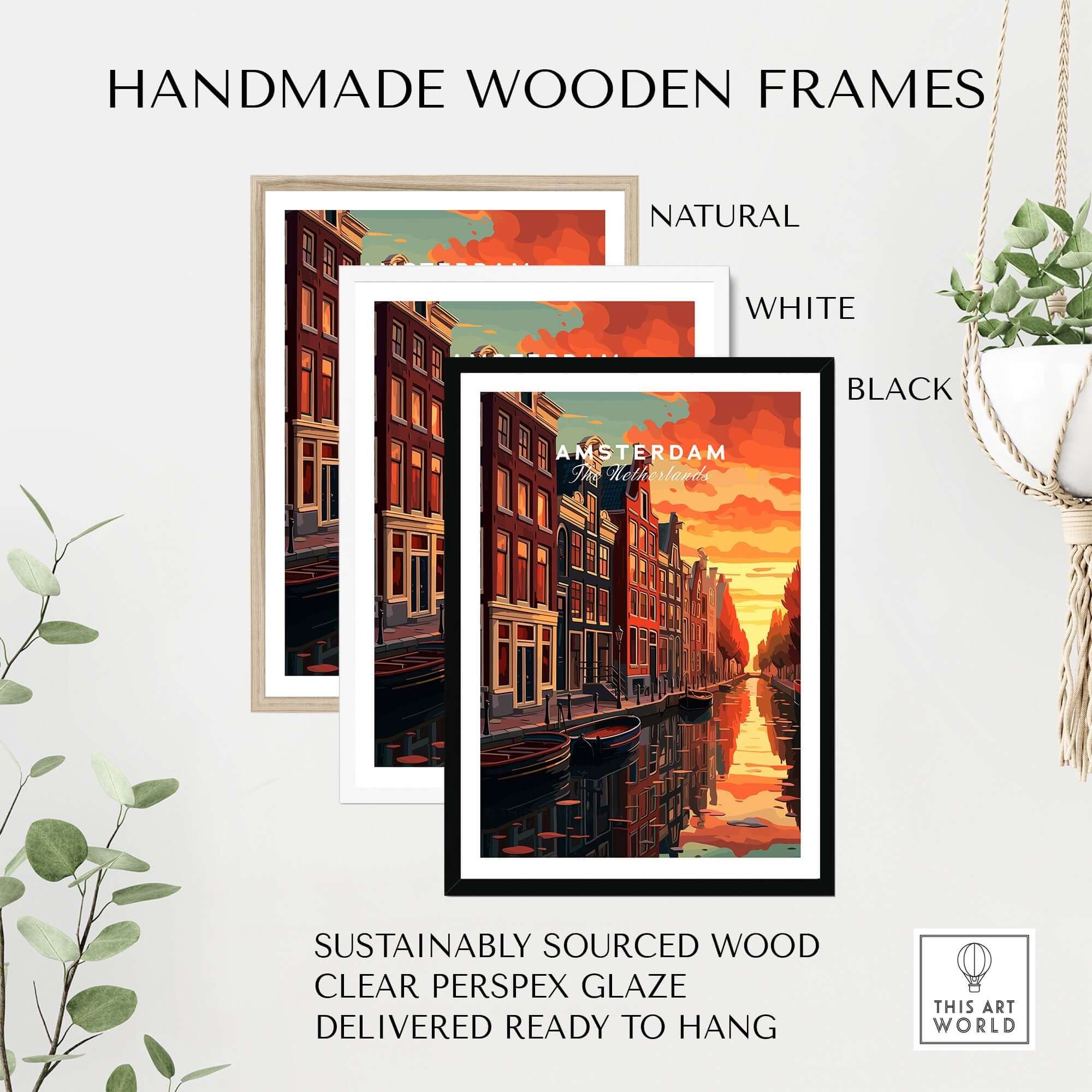 Handmade wooden frames for Amsterdam Sunset Canal Wall Art Print in natural, white, and black finishes.