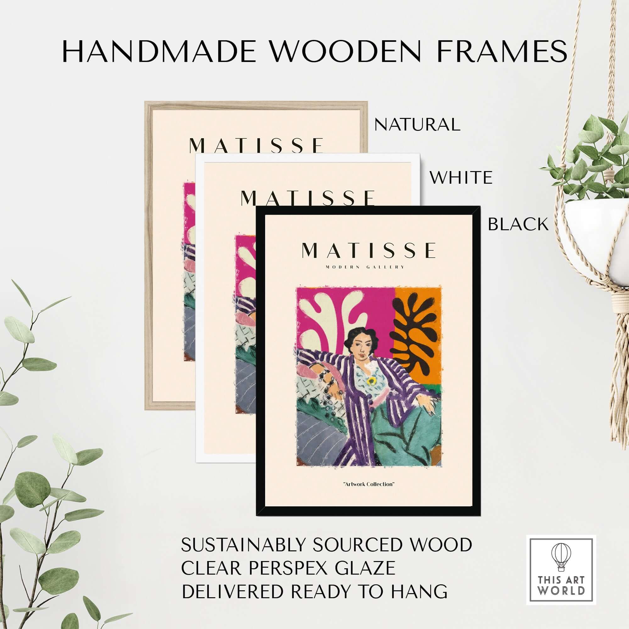 Matisse Art Prints - Reclining Woman Striped Robe Abstract Print displayed in handmade wooden frames in natural, white, and black.