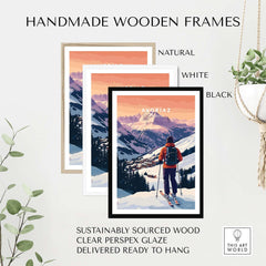 Avoriaz French Ski Poster | Skiing Wall Art displayed in handmade wooden frames in natural, white, and black colors.
