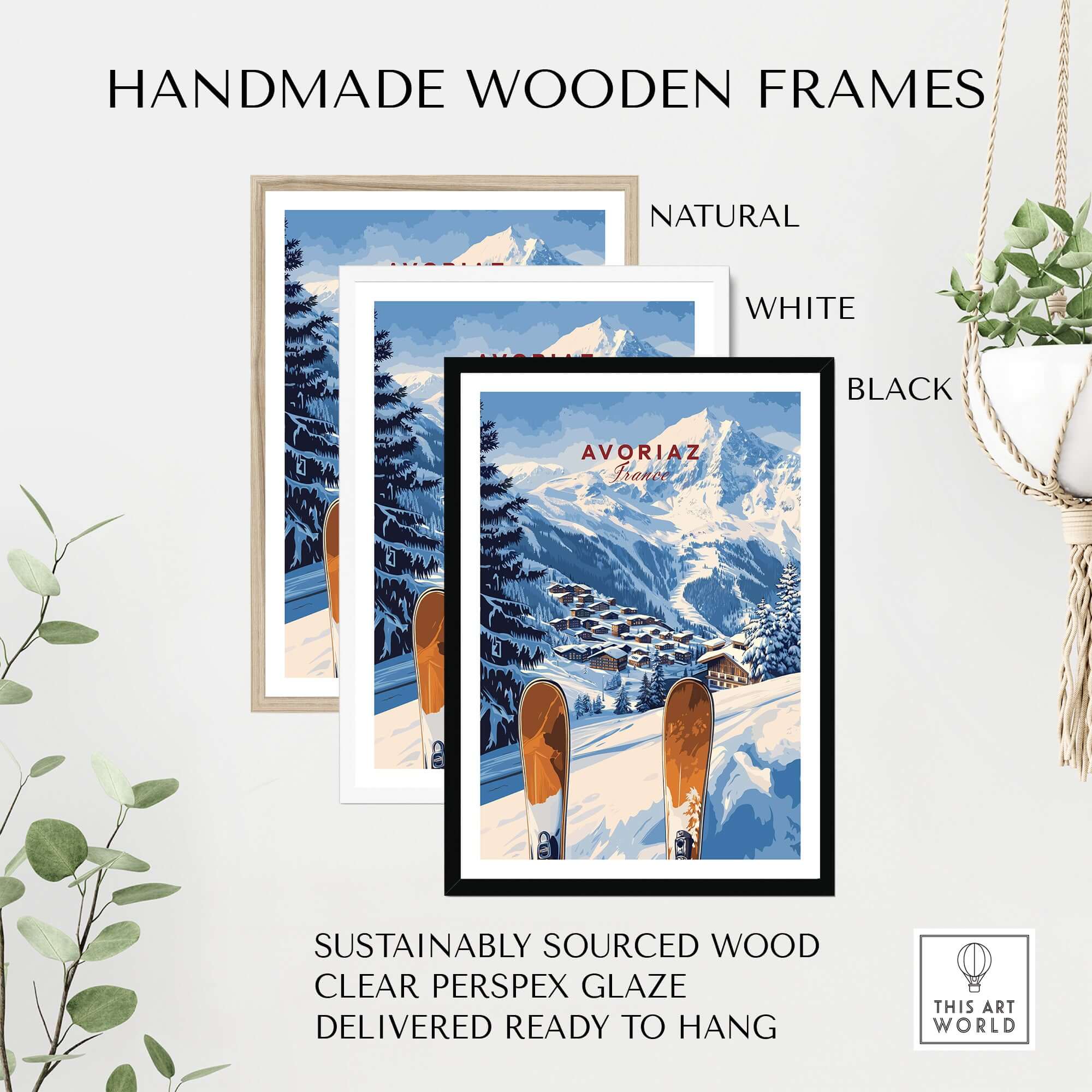 Avoriaz Ski Resort Print | French Alps Winter Wall Art framed in handmade wooden frames in natural, white, and black.