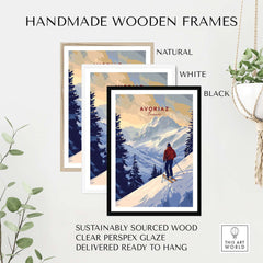 Avoriaz Skiing Print | French Alps Winter Decor in handmade wooden frames - natural, white, and black options available.