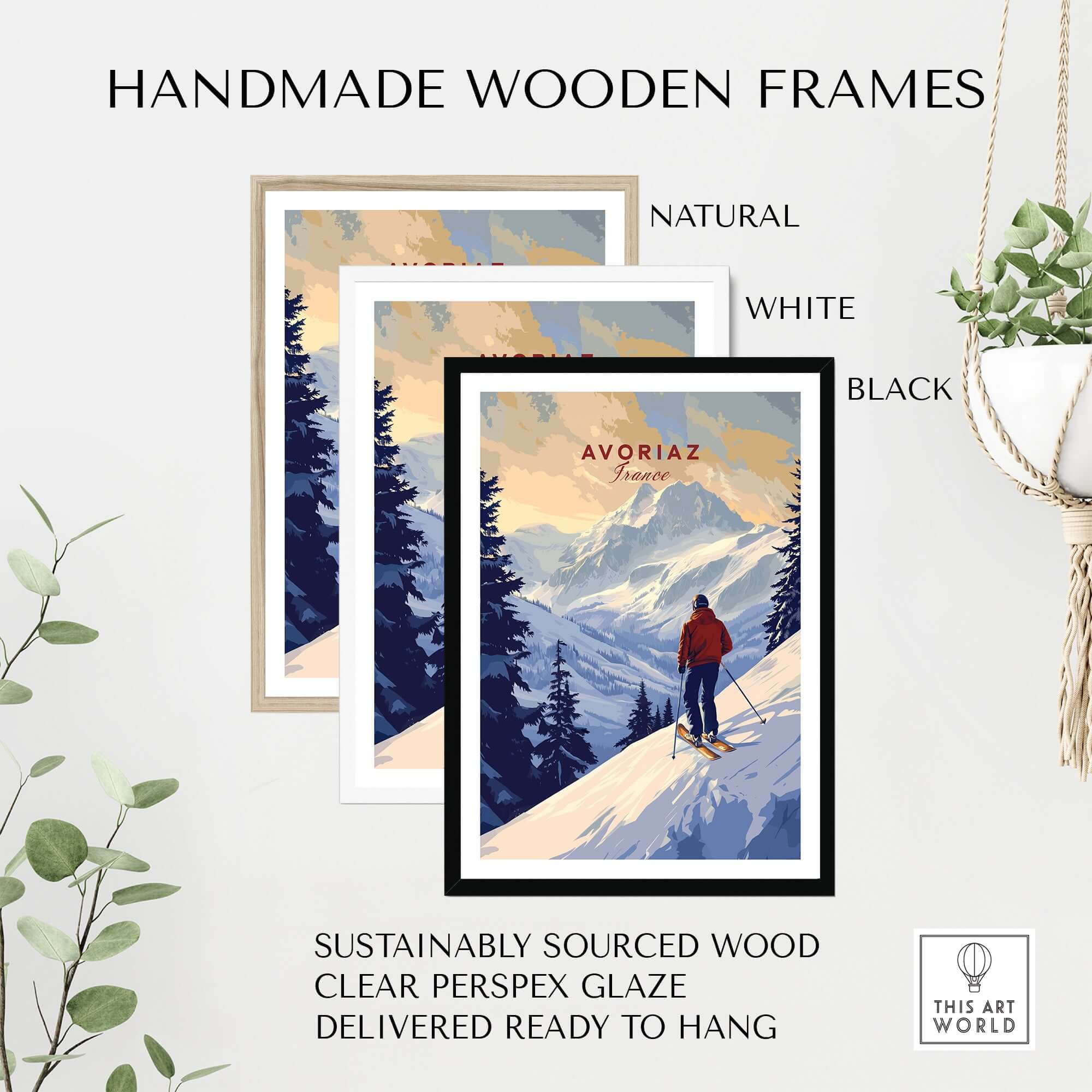 Avoriaz Skiing Print | French Alps Winter Decor in handmade wooden frames - natural, white, and black options available.
