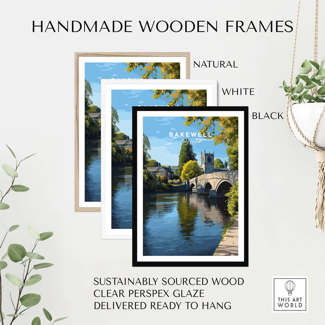 Handmade wooden frames in natural, white, and black for Bakewell print, sustainably sourced and ready to hang.