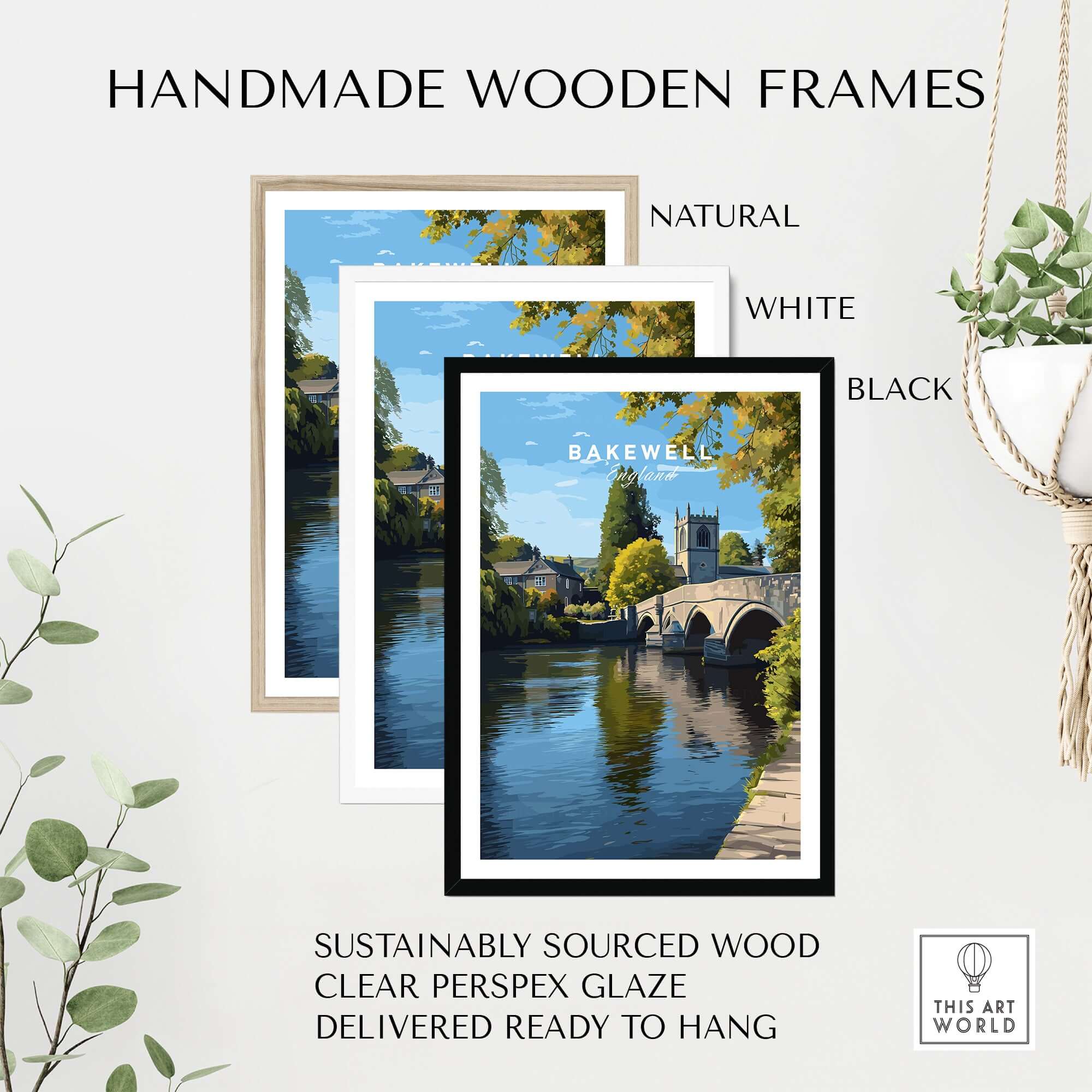 Handmade wooden frames in natural, white, and black for Bakewell Print - All Saints Church Art - English Countryside Poster - Peak District.