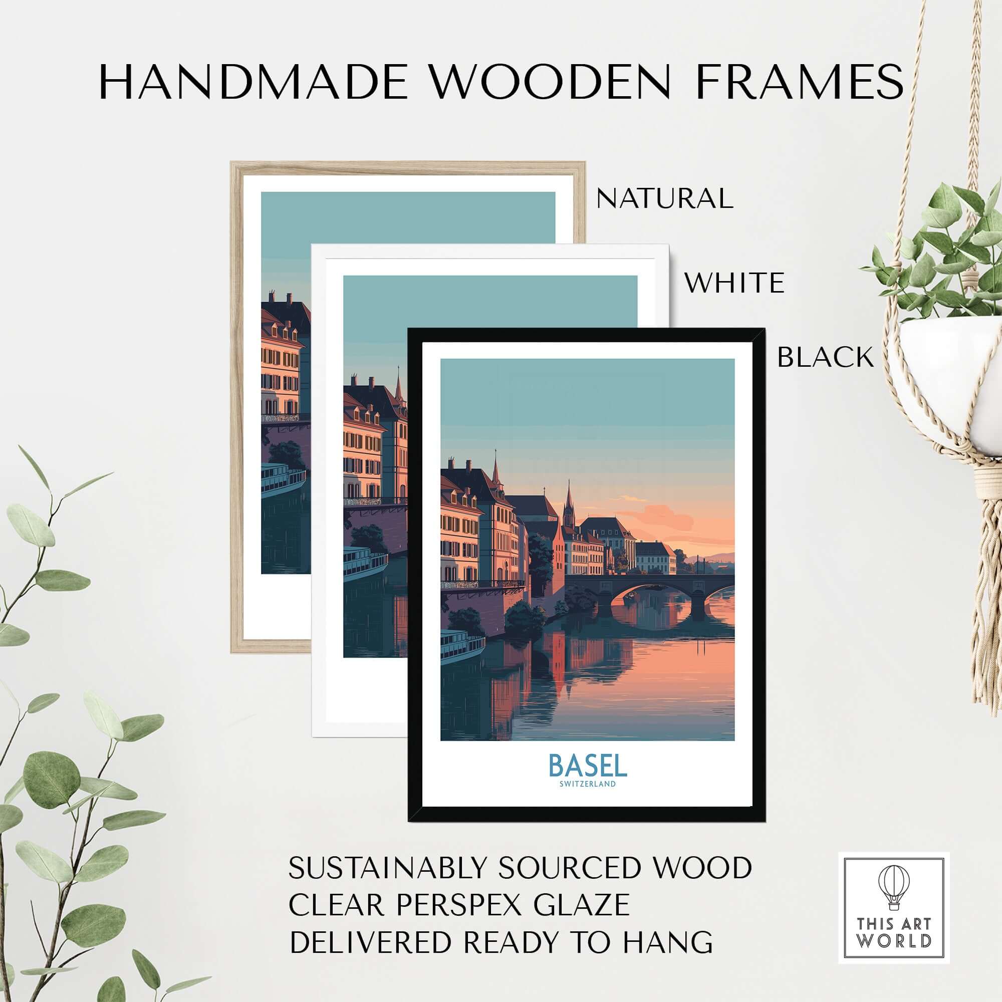 Basel Switzerland Bridge View Poster - Historic Architecture Travel Decor displayed in handmade wooden frames.