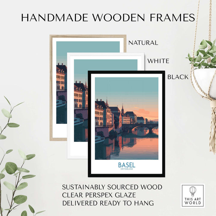 Handmade wooden frames in natural, white, and black for Basel Switzerland Bridge View Poster, showcasing sustainable design.