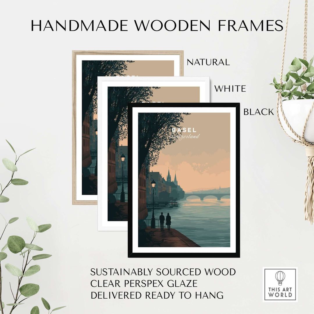 Handmade wooden frames in natural, white, and black for Basel Switzerland poster, sustainably sourced wood, ready to hang.