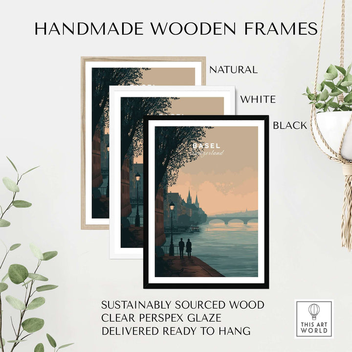 Handmade wooden frames in natural, white, and black for Basel Switzerland poster, sustainably sourced wood, ready to hang.