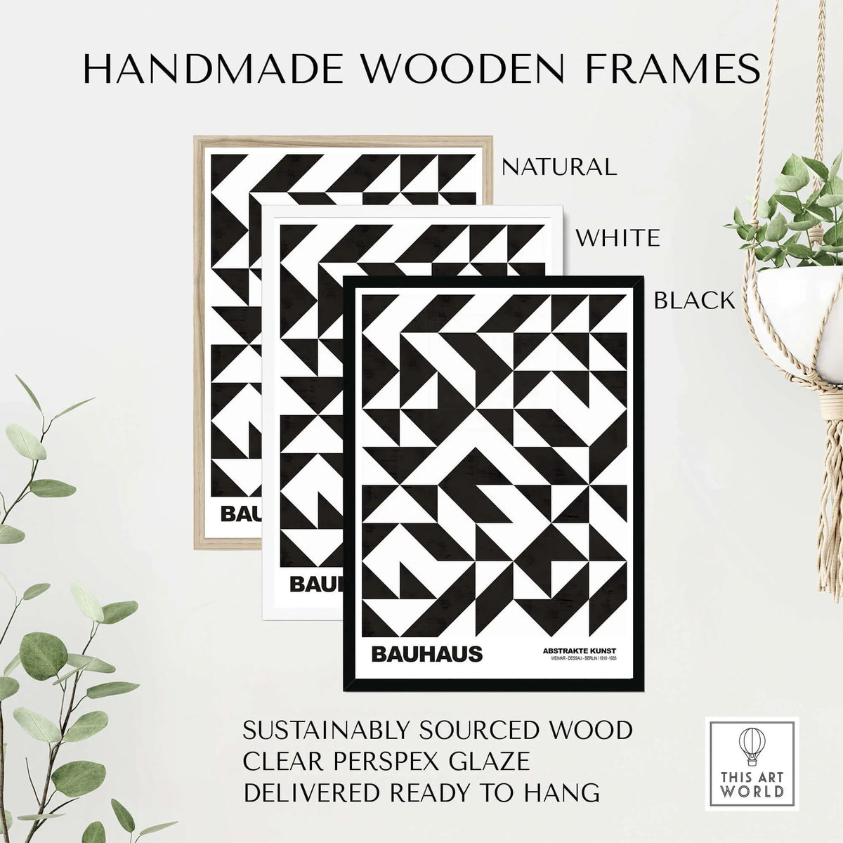 Bauhaus Exhibition Prints - Geometric Triangle Pattern Poster Black White Abstract framed in handmade wooden frames.