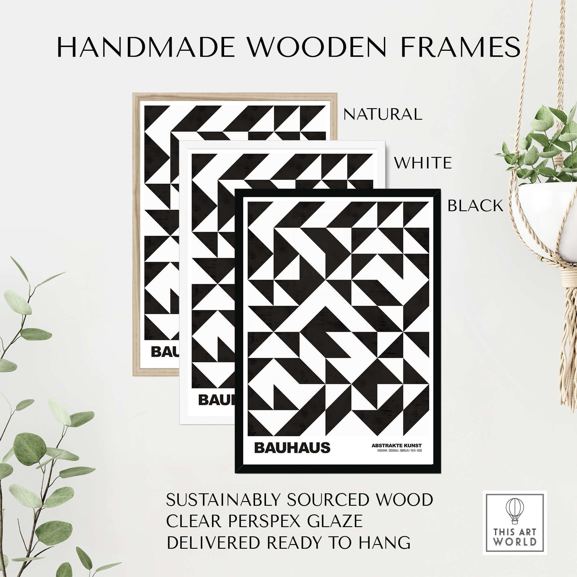 Bauhaus Exhibition Prints - Geometric Triangle Pattern Poster Black White Abstract framed in handmade wooden frames.