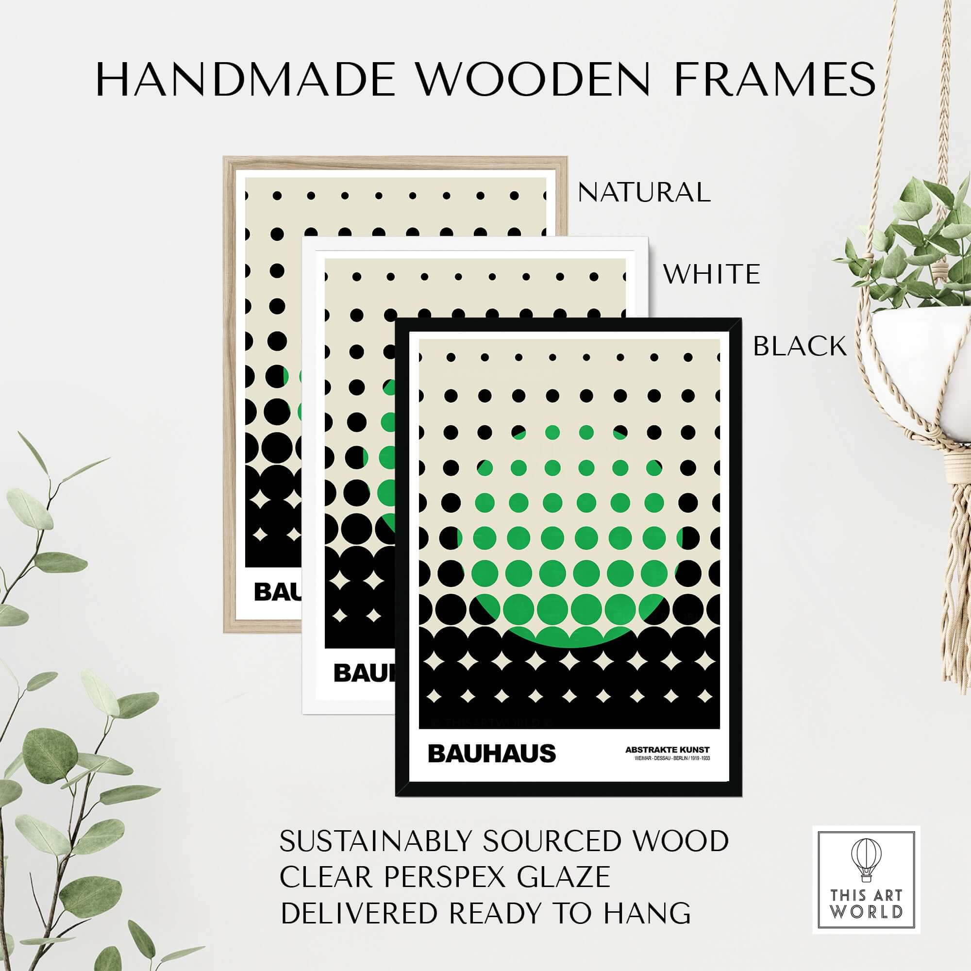 Bauhaus Exhibition Prints - Abstract Circle Pattern Art Print Green Black Dot Gradient in handmade wooden frames.