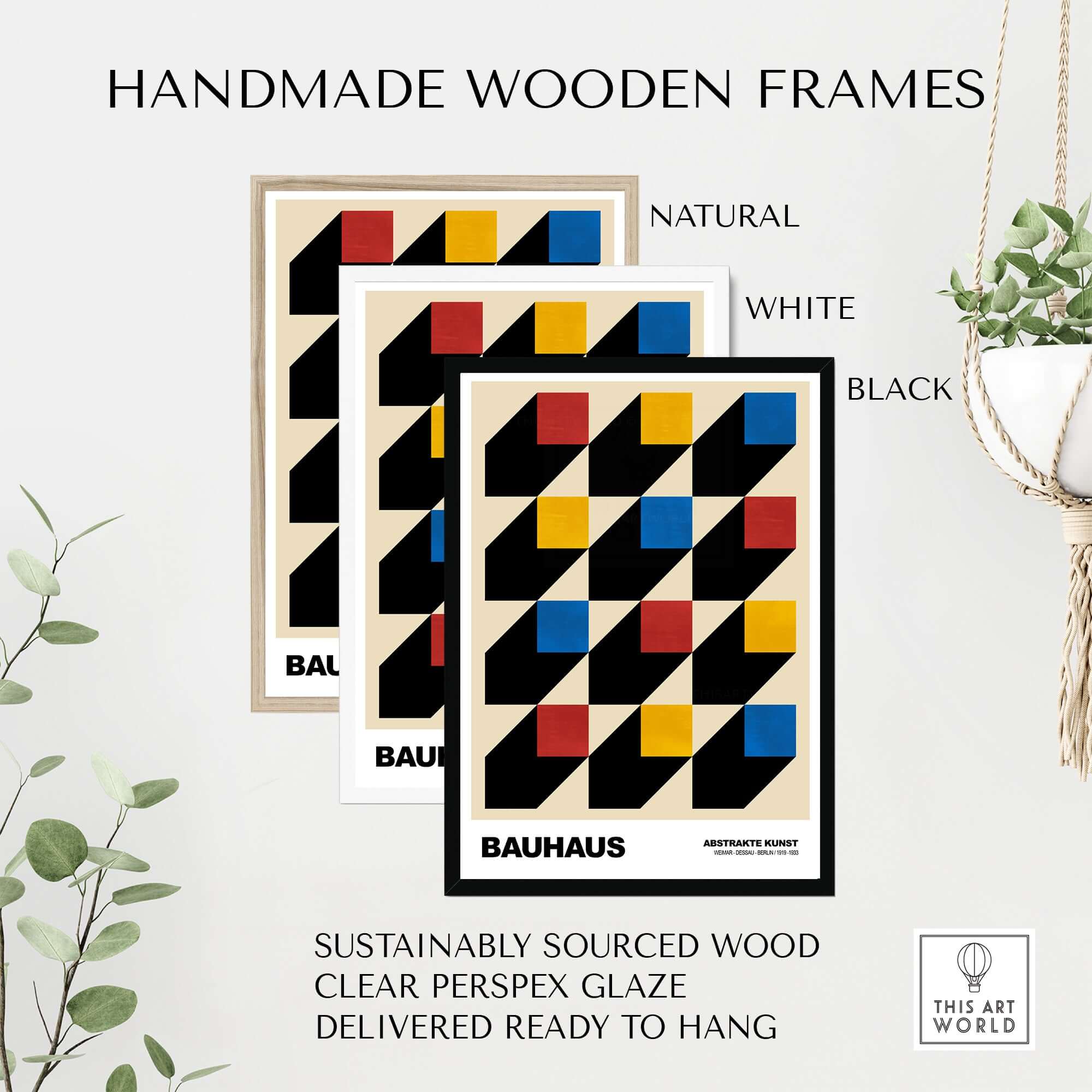 Bauhaus Exhibition Prints - Isometric Cubes Art Print Red Yellow Blue Design framed in handmade wood frames.