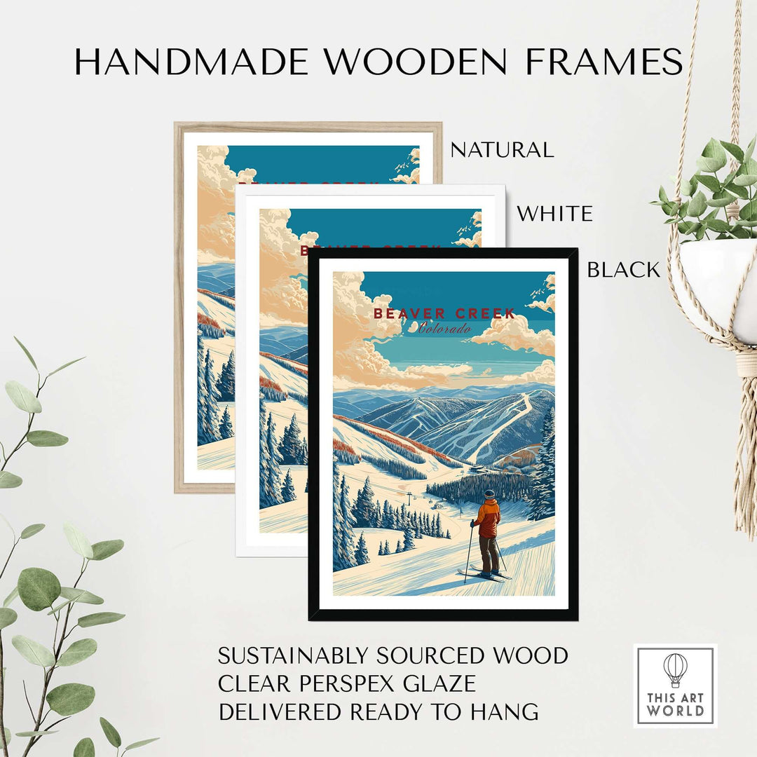 Three handmade wooden frames in natural, white, and black for Beaver Creek ski art print, showcasing sustainable design.