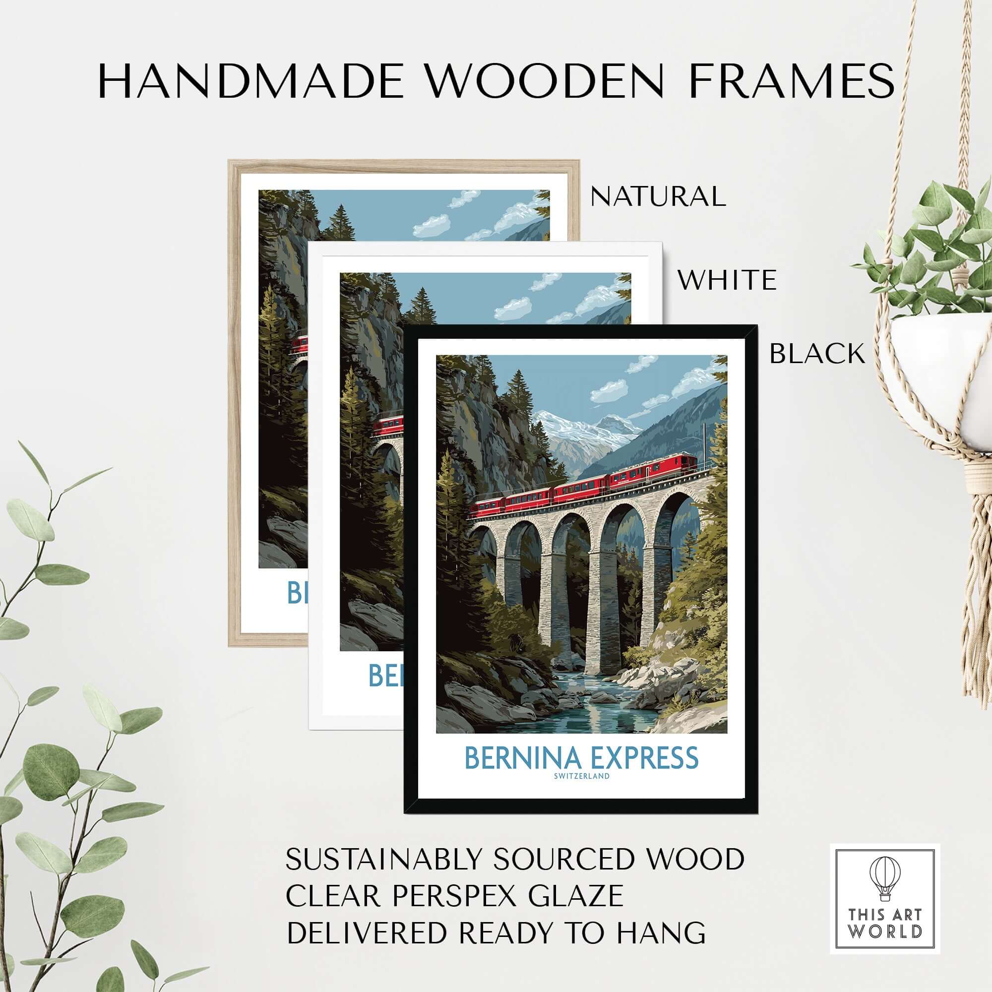 Bernina Express Switzerland Art Print | Landwasser Bridge Poster displayed in handmade wooden frames in natural, white, and black.