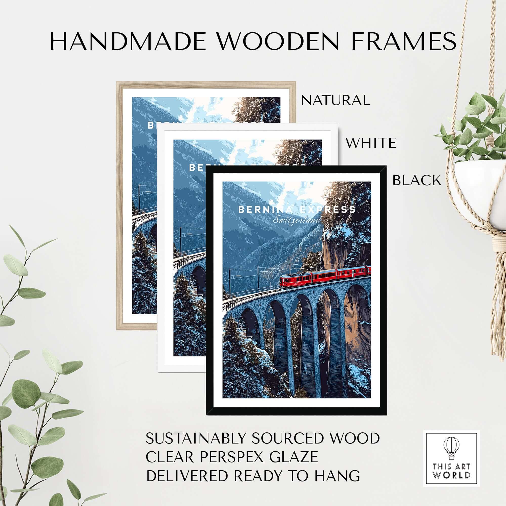 Handmade wooden frames for Bernina Express Swiss Alps UNESCO Winter Print | Scenic Rail Wall Decor in natural, white, and black.