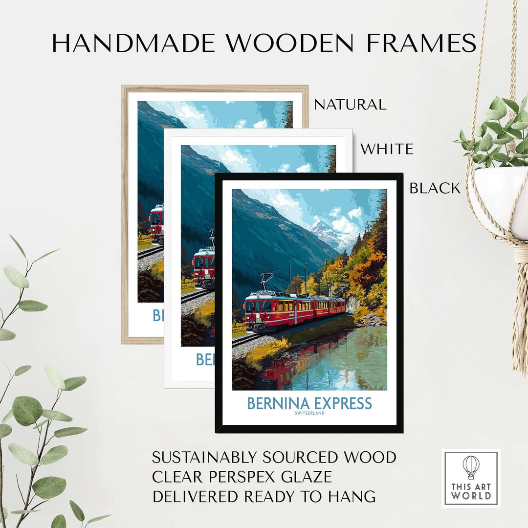 Bernina Express Train Art Print | Autumn Alps Journey Poster displayed in handmade wooden frames in natural, white, and black.
