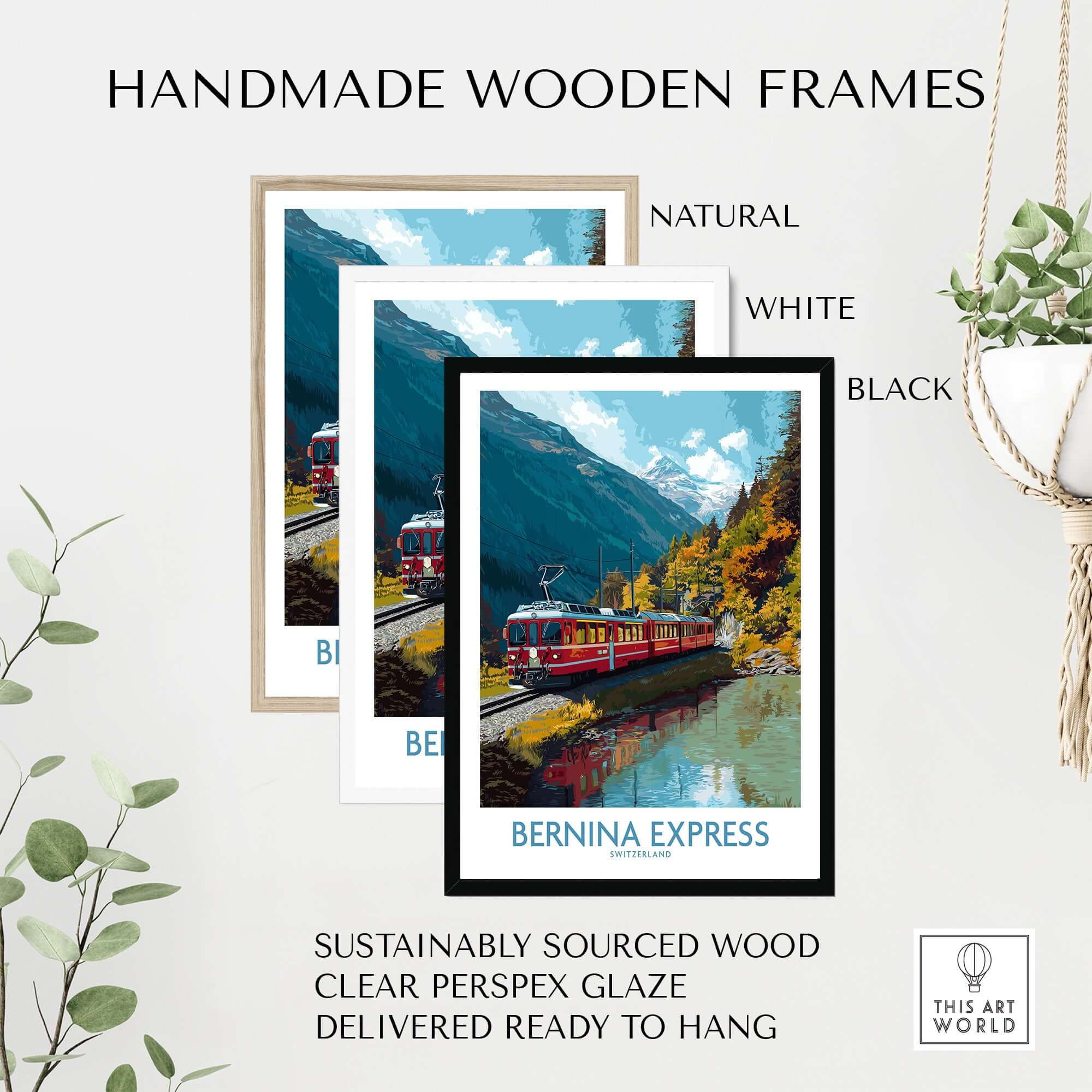 Bernina Express Train Art Print | Autumn Alps Journey Poster in handmade wooden frames
