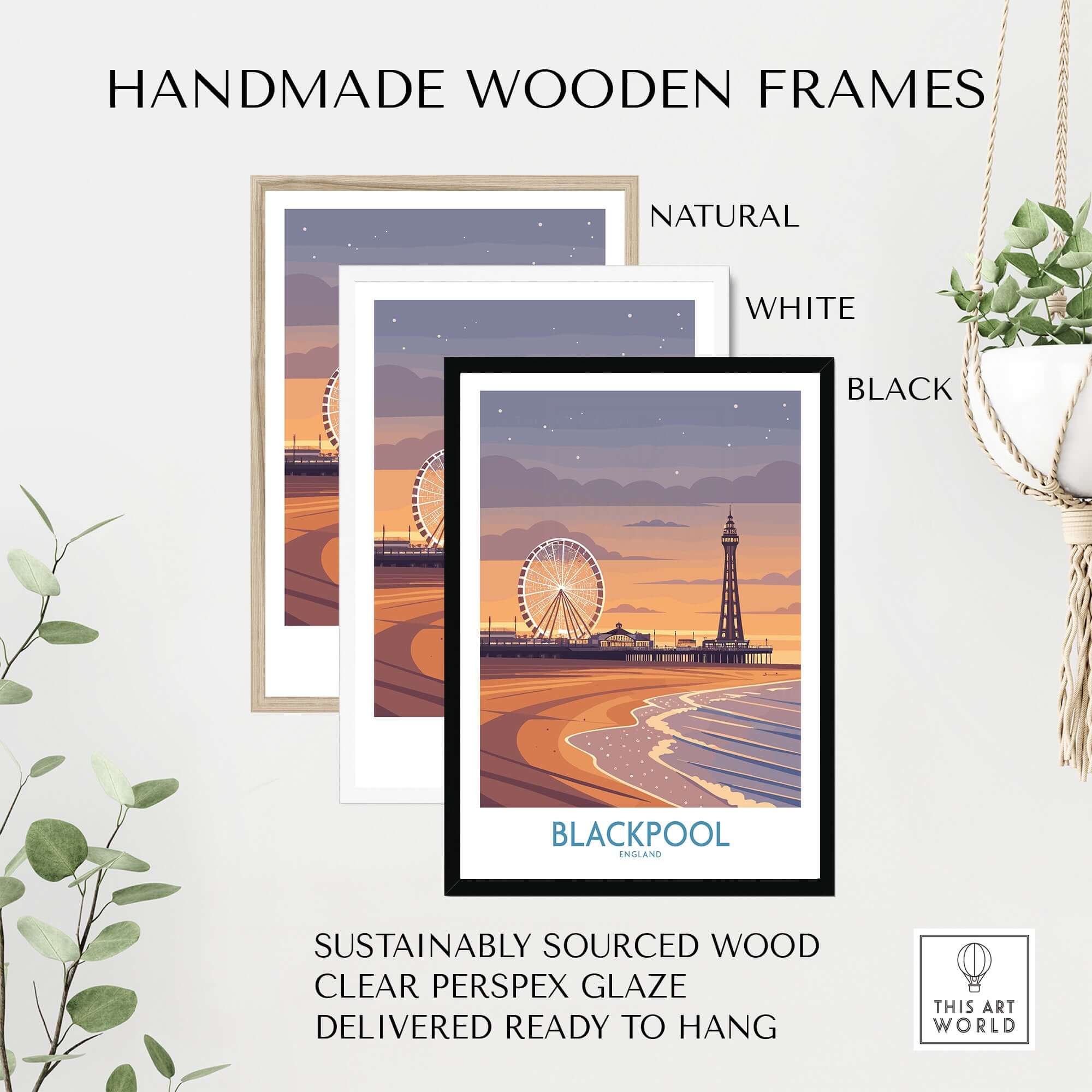 Blackpool England Tower and Wheel Art Print | Sunset Beach Resort Poster framed in natural, white, and black handmade wooden frames.