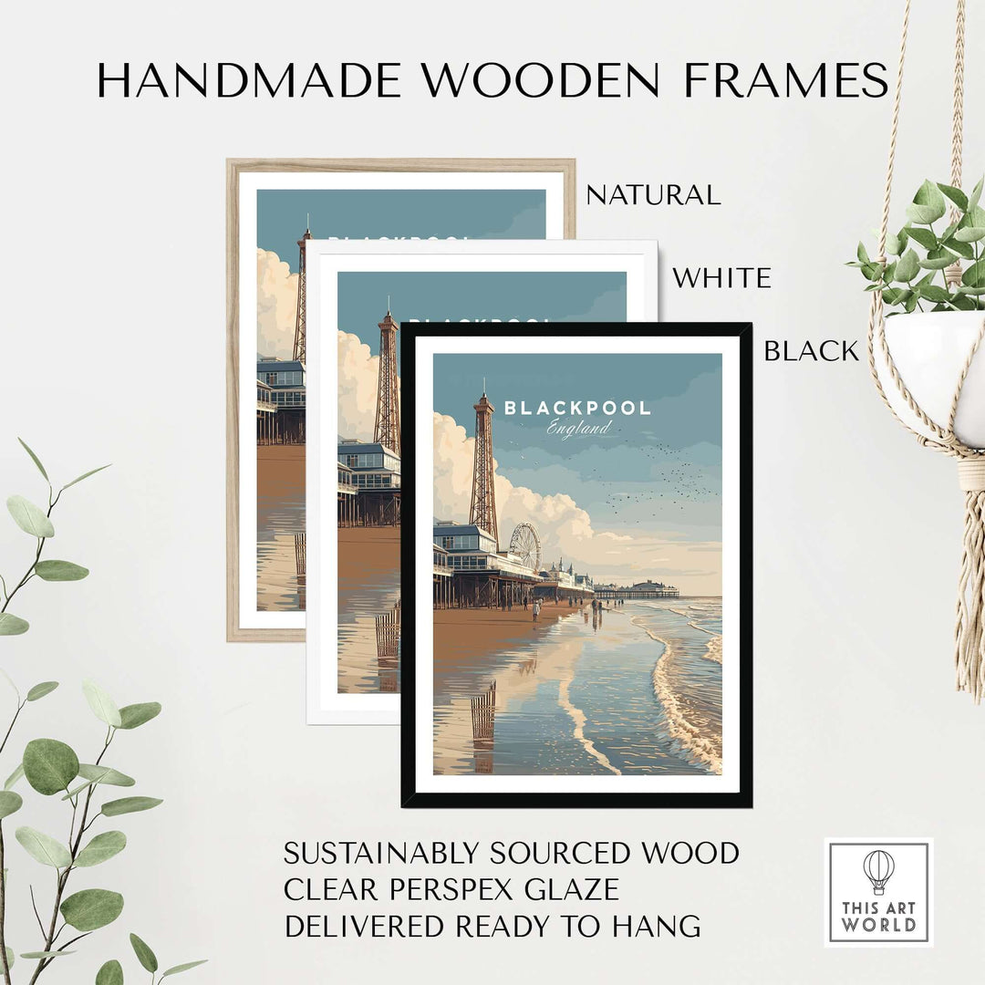 Blackpool Beach Fairground View Print | Lancashire Coastal Wall Art framed in natural, white, and black handmade wooden frames.