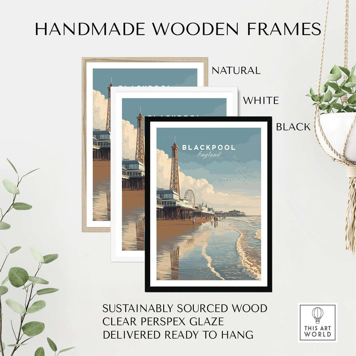 Blackpool Beach Fairground View Print | Lancashire Coastal Wall Art framed in natural, white, and black handmade wooden frames.