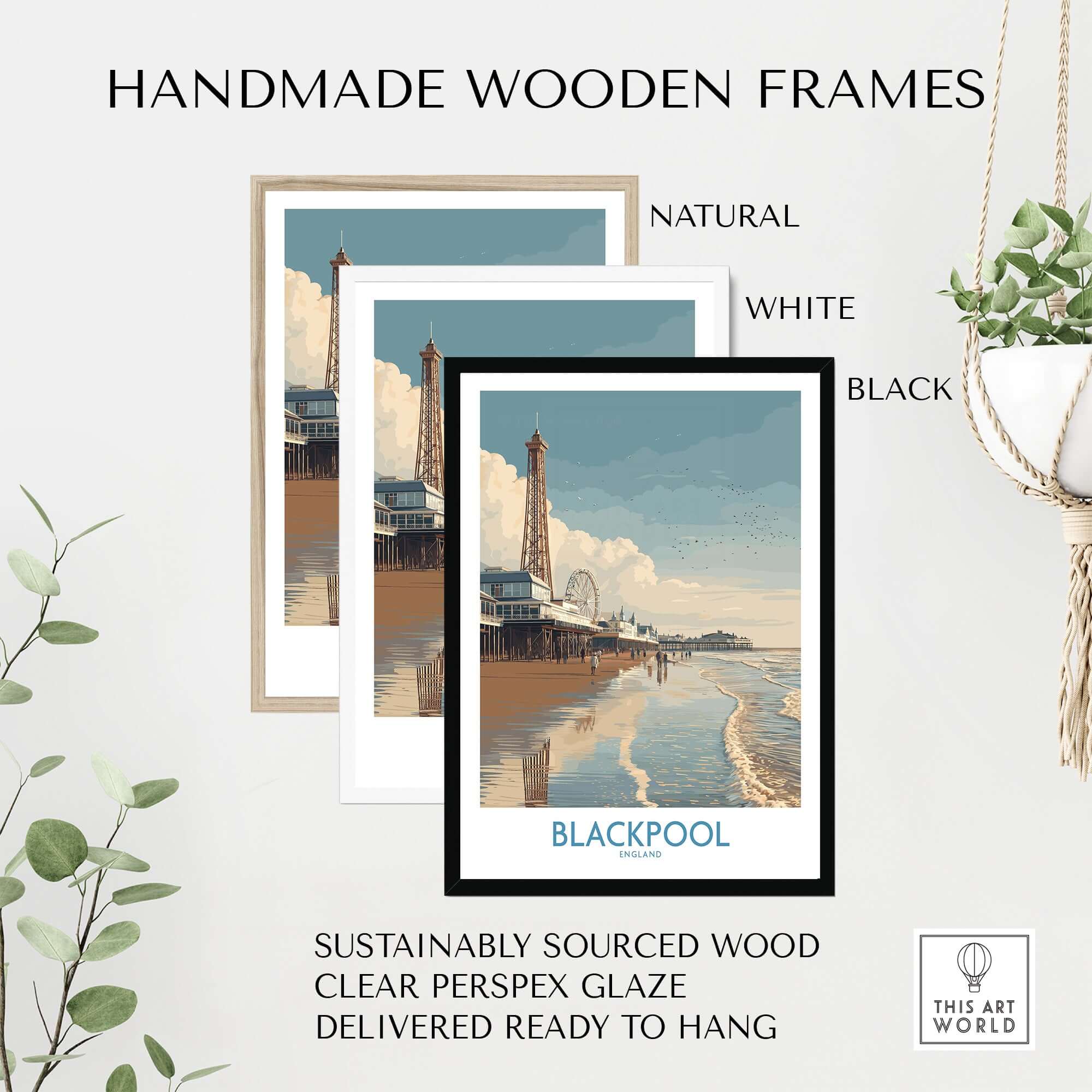 Blackpool England Pier and Tower Art Print | UK Seaside Beach Poster framed in handmade wooden frames