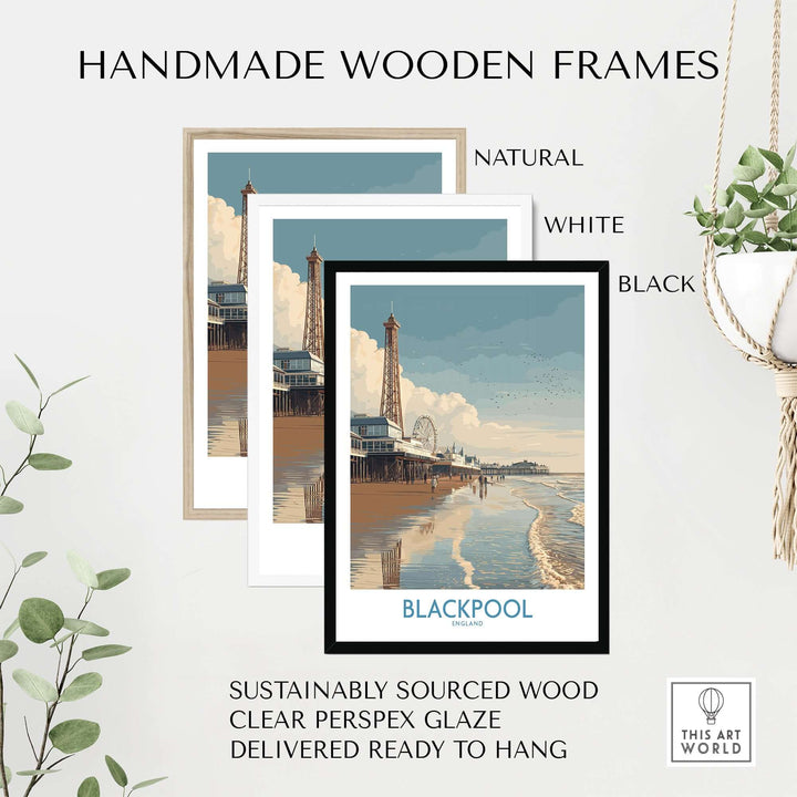Blackpool England Pier and Tower Art Print | UK Seaside Beach Poster in handmade wooden frames