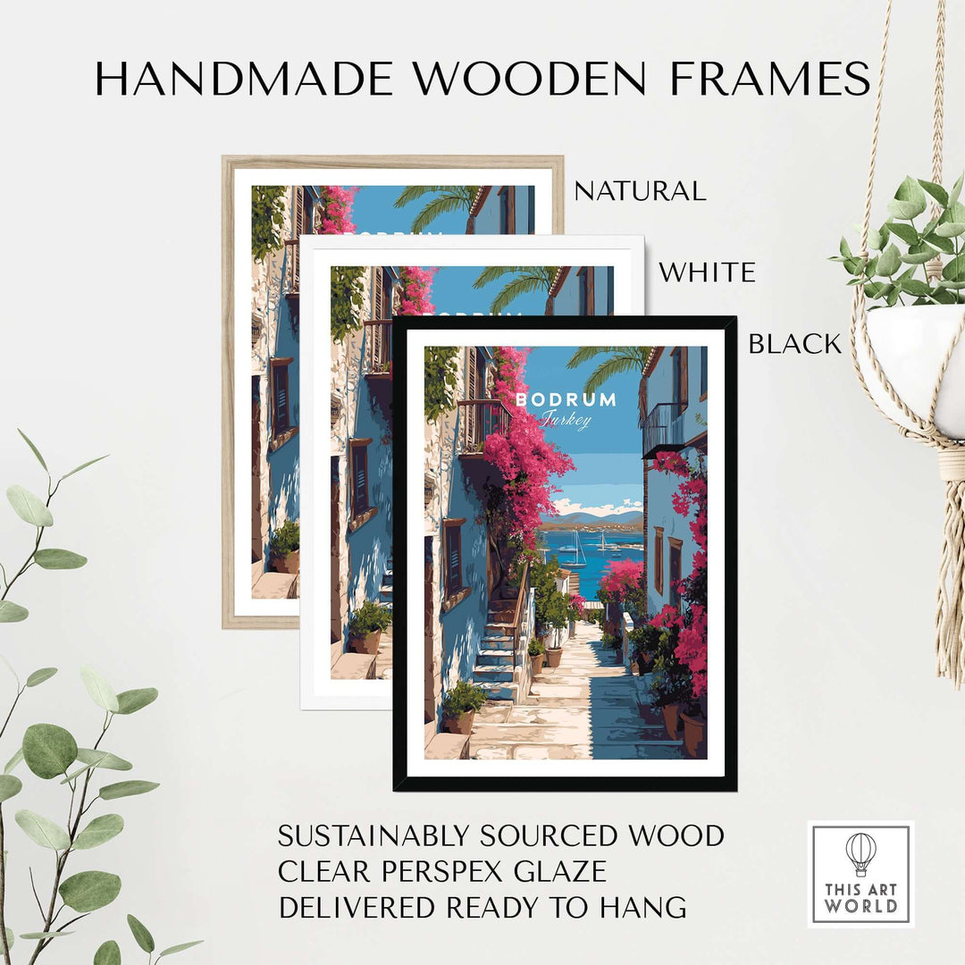 Handmade wooden frames for Bodrum Turkey wall art in natural, white, and black finishes.