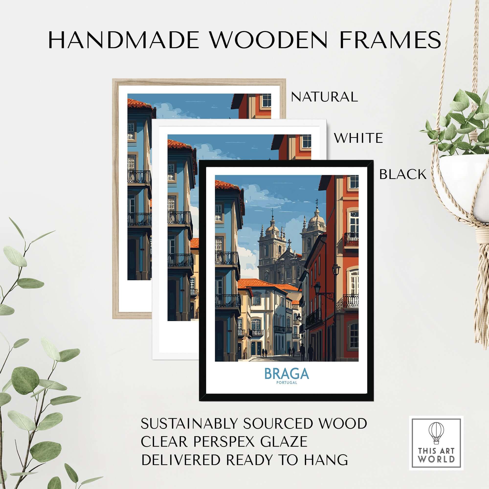 Braga Portugal Cathedral Street View Art Print | Colourful City Poster framed in handmade wooden frames in natural, white, and black.