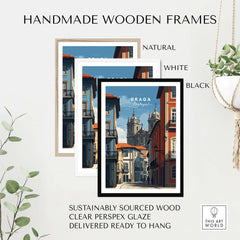 Braga Historic Centre Print | Portuguese Urban Wall Art displayed in handmade wooden frames in natural, white, and black colors.