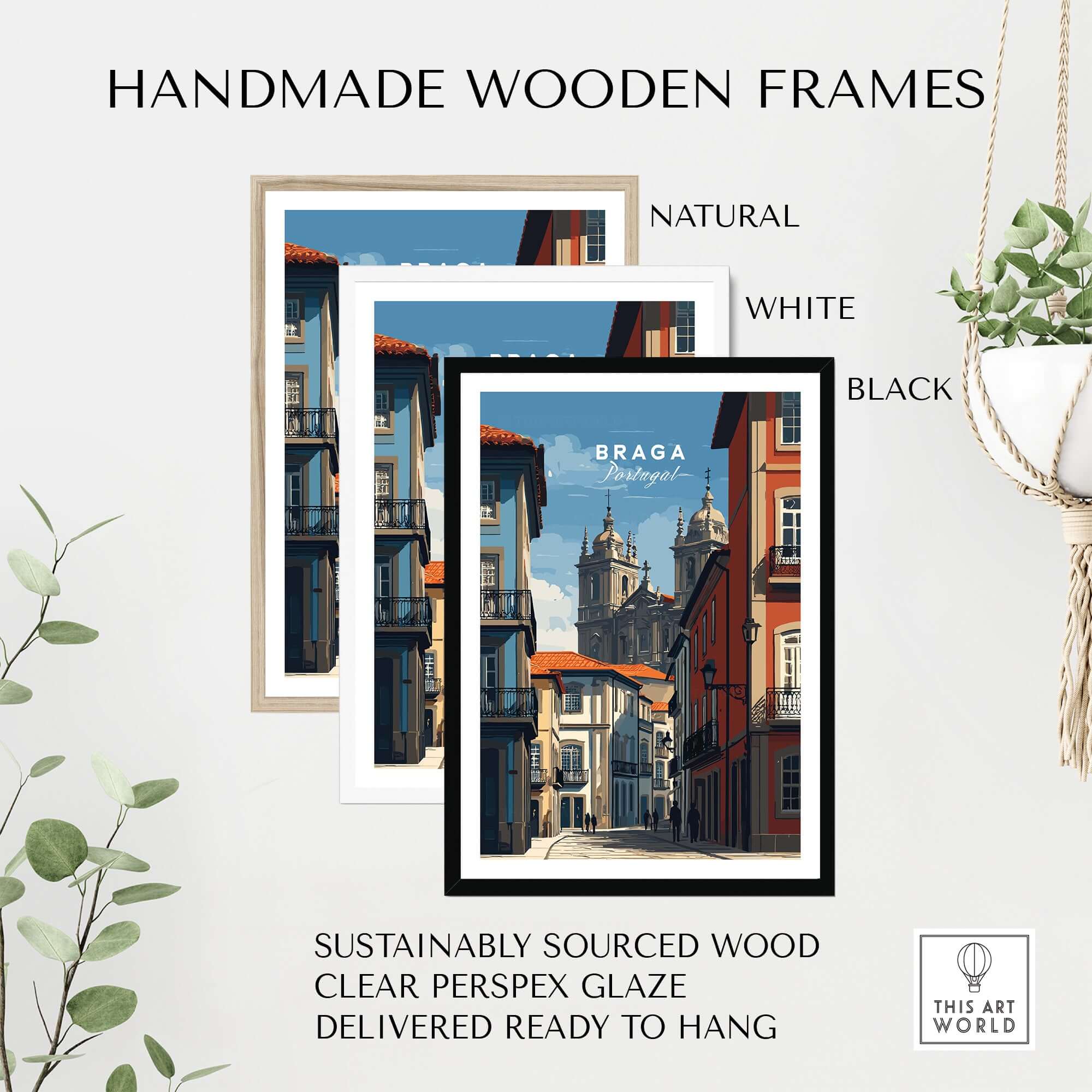 Braga Historic Centre Print | Portuguese Urban Wall Art displayed in handmade wooden frames in natural, white, and black colors.