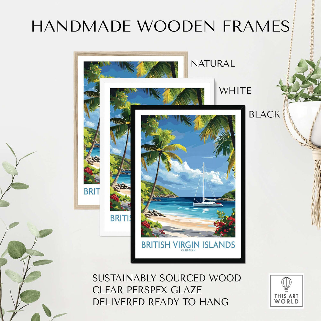 Handmade wooden frames in natural, white, and black styles showcasing the British Virgin Islands beach poster.