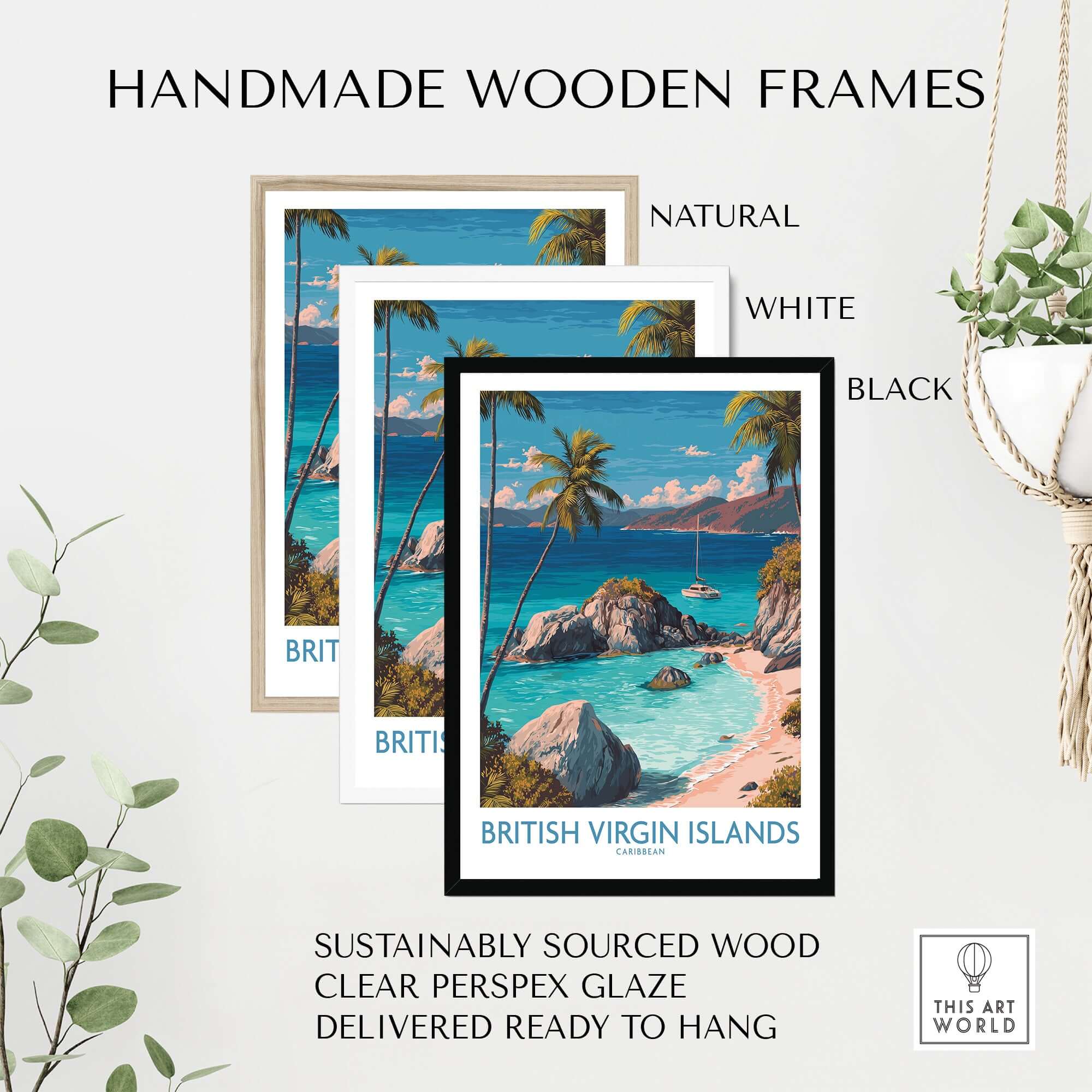 Handmade wooden frames for the British Virgin Islands Bay Poster - Caribbean Beach Art Print - Tropical Wall Art.