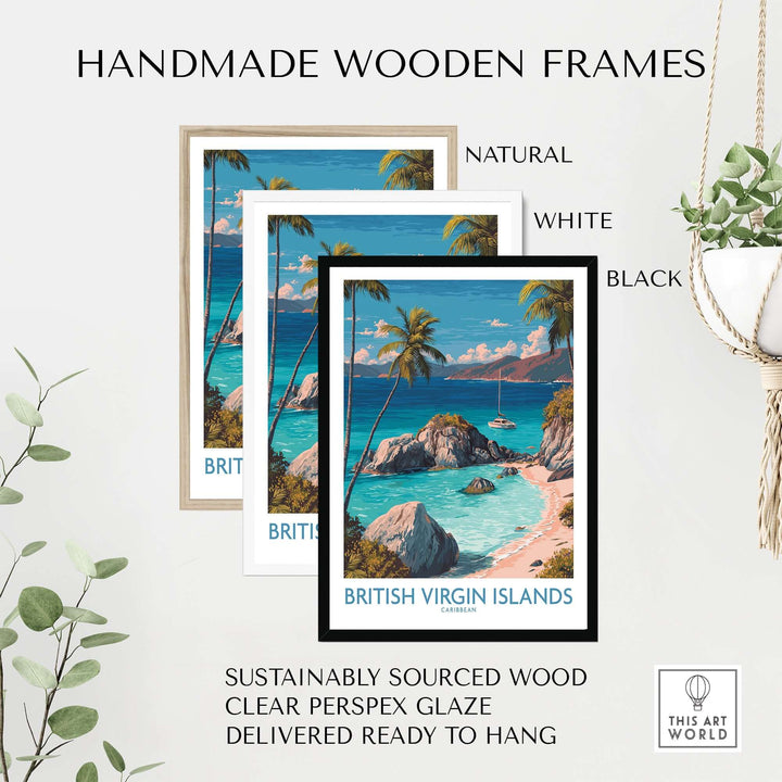 Handmade wooden frames in natural, white, and black for British Virgin Islands beach art print, ready to hang.