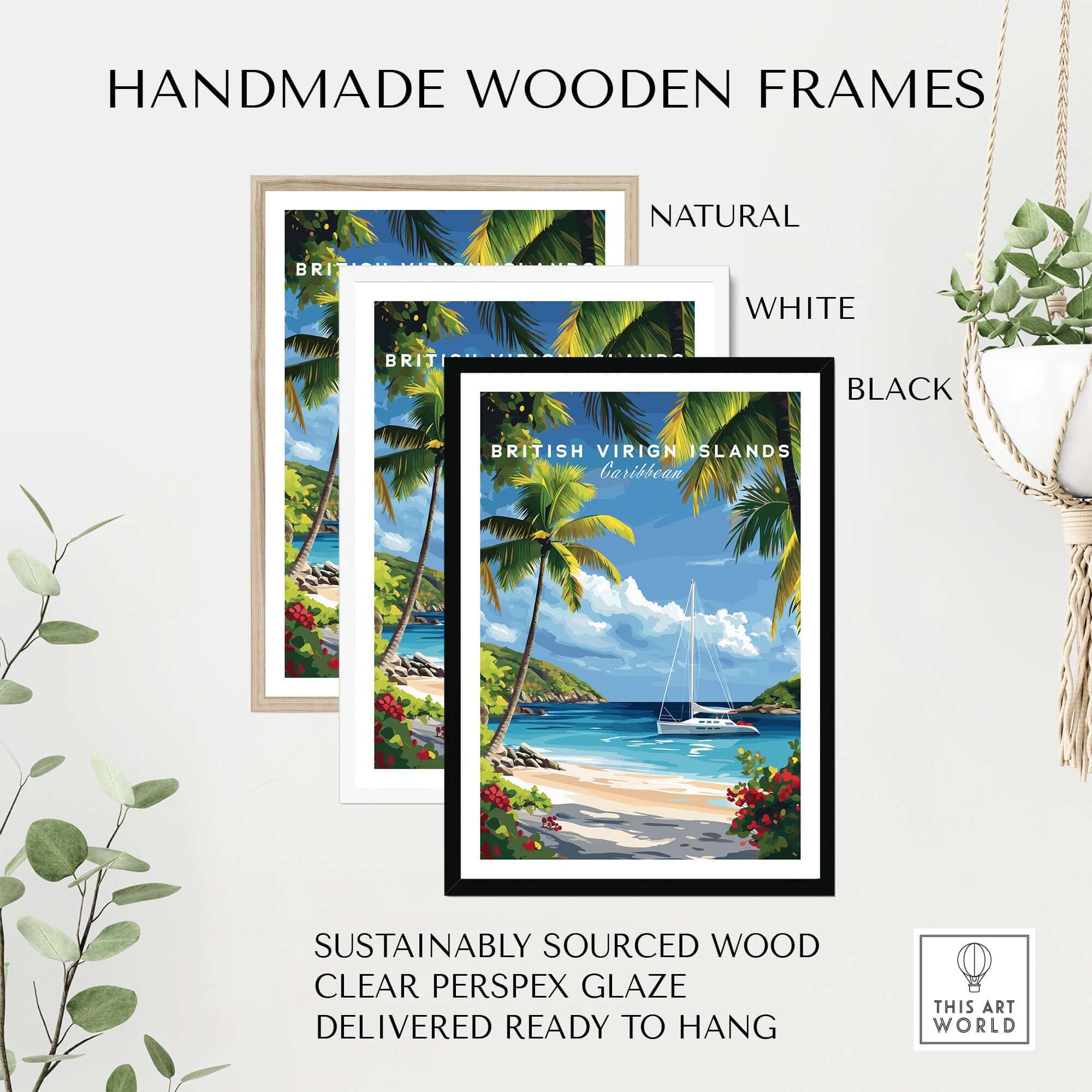 BVI Beach Travel Print - White Sand & Palm Trees Poster - Caribbean Landscape Wall Art displayed in handmade wooden frames.