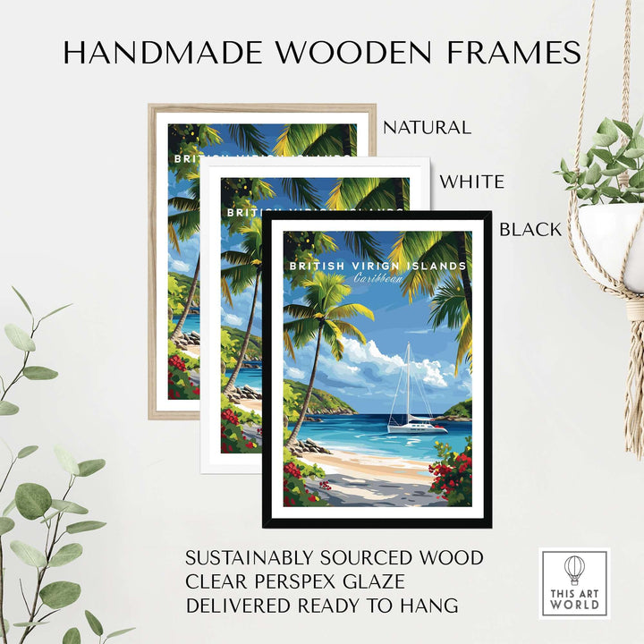 Handmade wooden frames in natural, white, and black options showcasing a Caribbean landscape print.