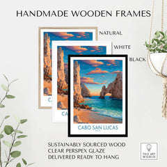 El Arco Cabo San Lucas Sunset Poster Mexico Coastal Landscape Travel Print Wall Art in handmade wooden frames.