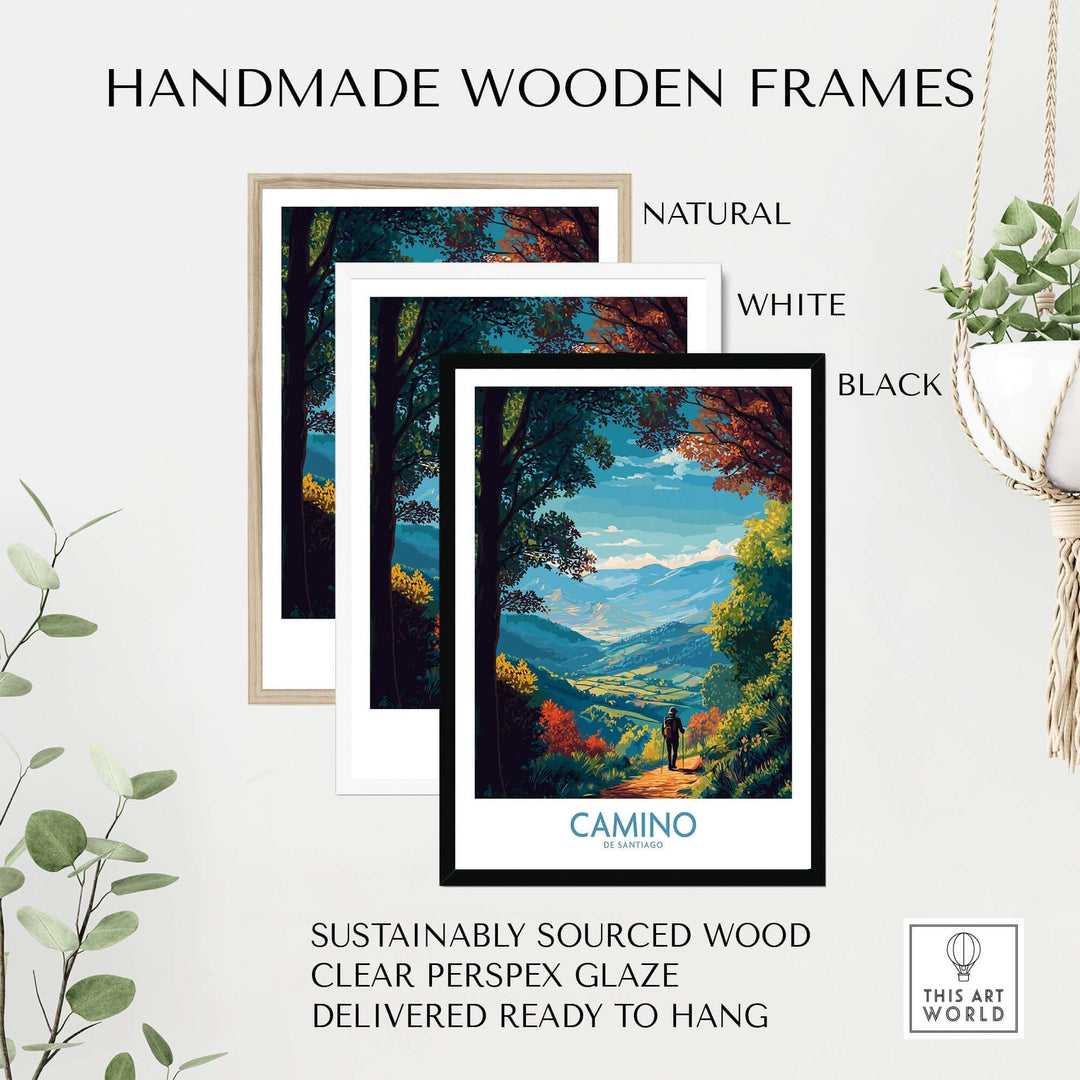 Handmade wooden frames in natural, white, and black showcasing the Camino de Santiago Mountain Valley Art Print.
