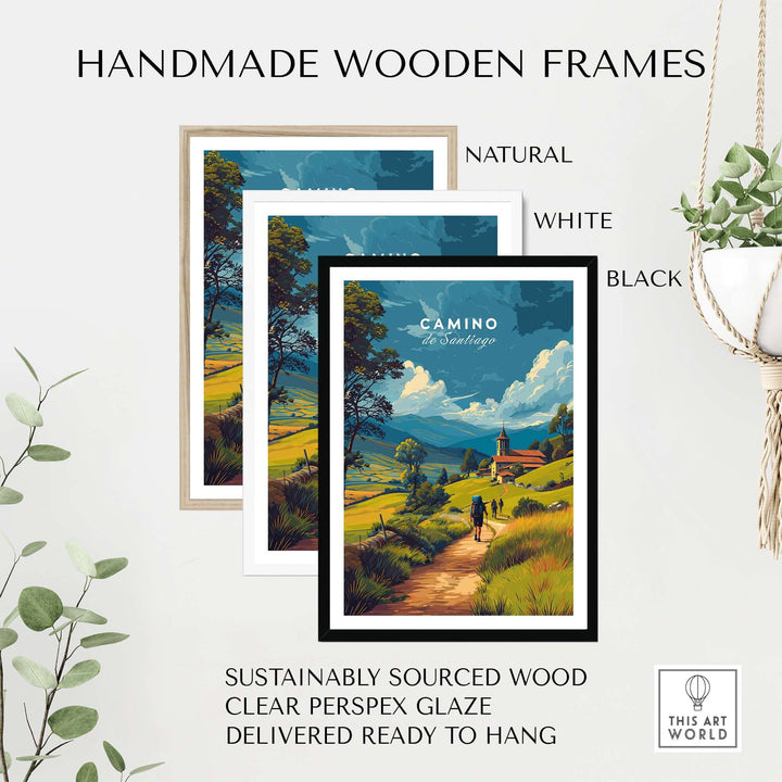 Camino de Santiago European Pilgrim's Trail Print | Hiking Route Wall Decor with handmade wooden frames in natural, white, and black.