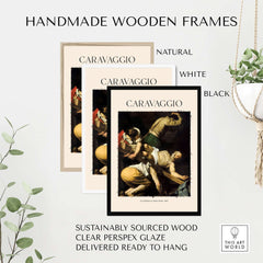 Handmade wooden frames in natural, white, and black, featuring Caravaggio's art prints, sustainably sourced and ready to hang.