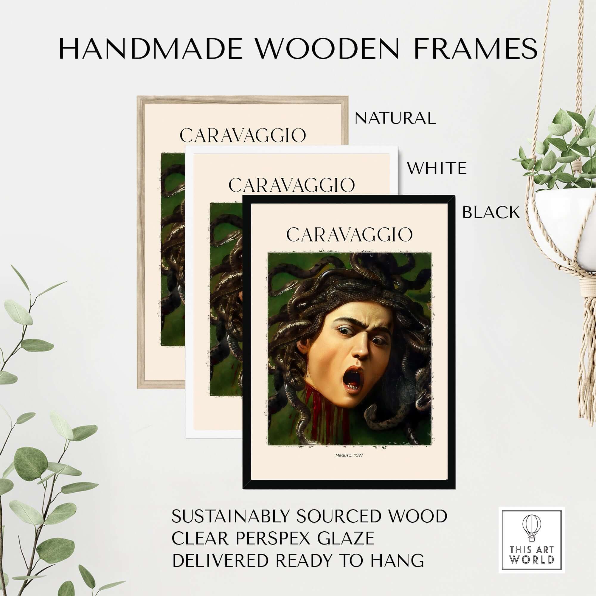 Caravaggio Art Prints - Medusa 1597 displayed in handmade wooden frames, featuring natural, white, and black options.