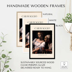 Handmade wooden frames for Caravaggio Art Print - Judith Beheading Holofernes Poster 1598, available in natural, white, and black.