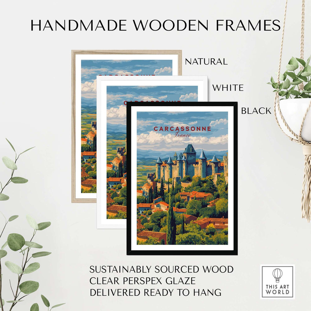 Handmade wooden frames in natural, white, and black for Carcassonne castle poster, sustainably sourced wood, ready to hang.