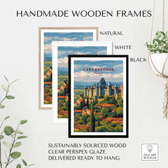 Carcassonne France Medieval Castle Poster - Historic City Wall Art in handmade wooden frames