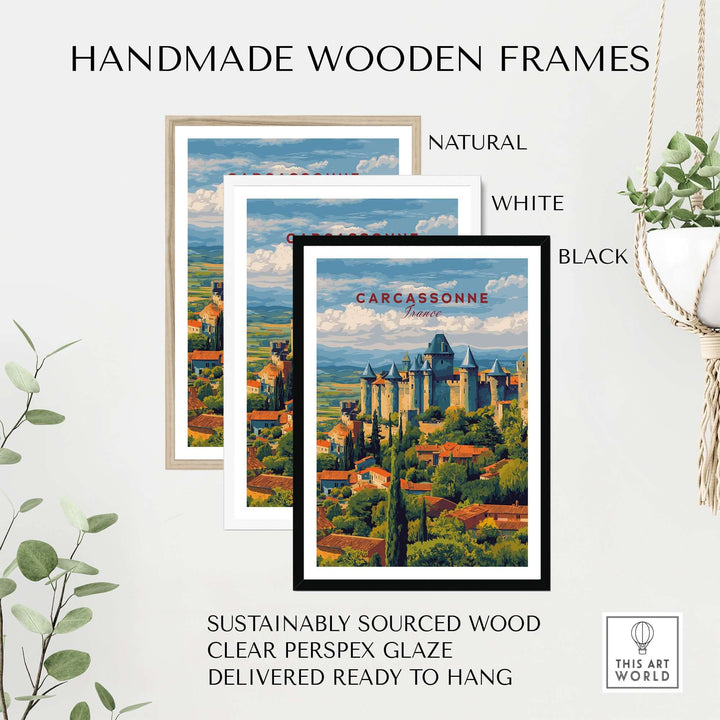 Handmade wooden frames in natural, white, and black for Carcassonne castle poster, sustainably sourced wood, ready to hang.